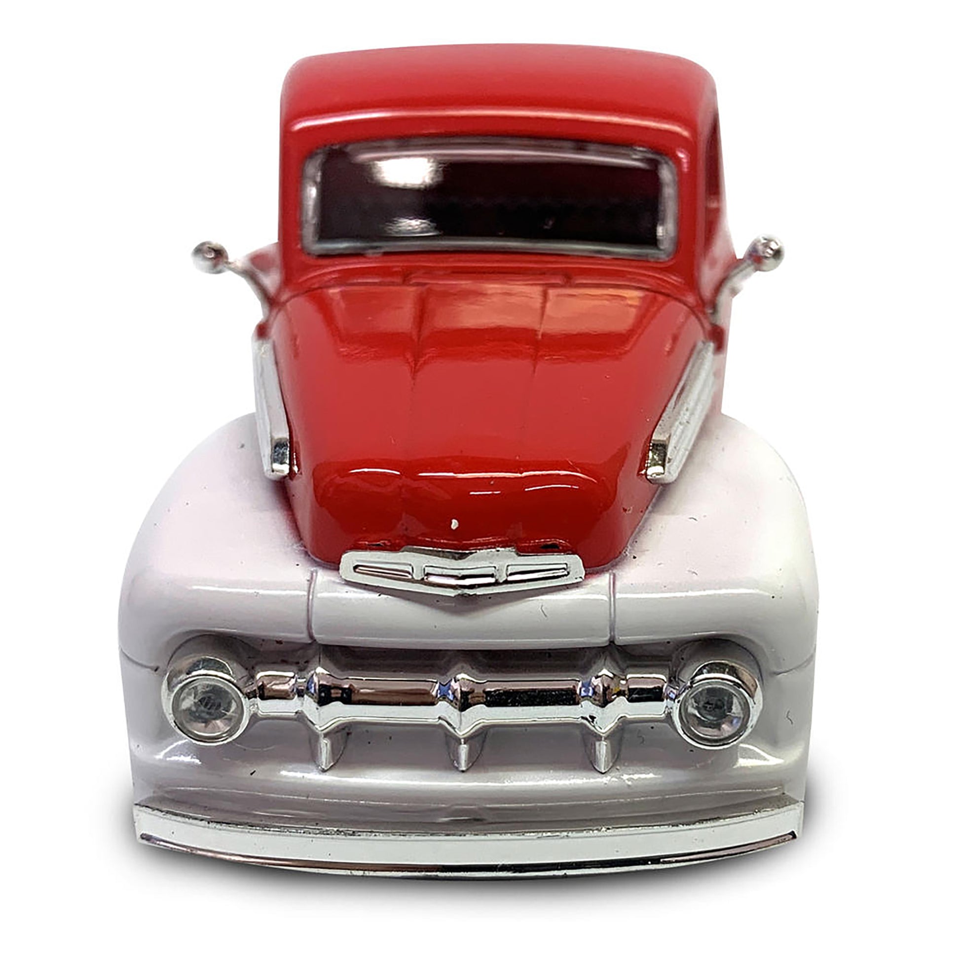 Model of a red and white vintage truck on a white background