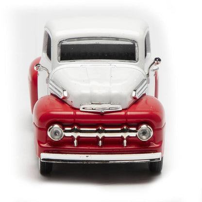 Model of a red and white vintage truck on a white background