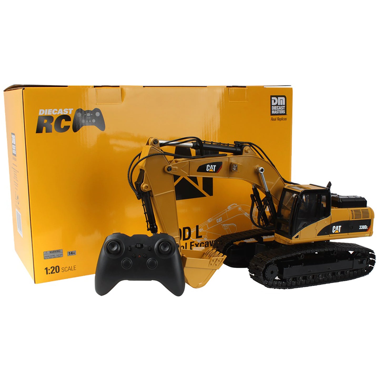 A yellow CAT diecast remote control excavator toy with a black remote controller, displayed in front of its yellow retail packaging box on a white background.