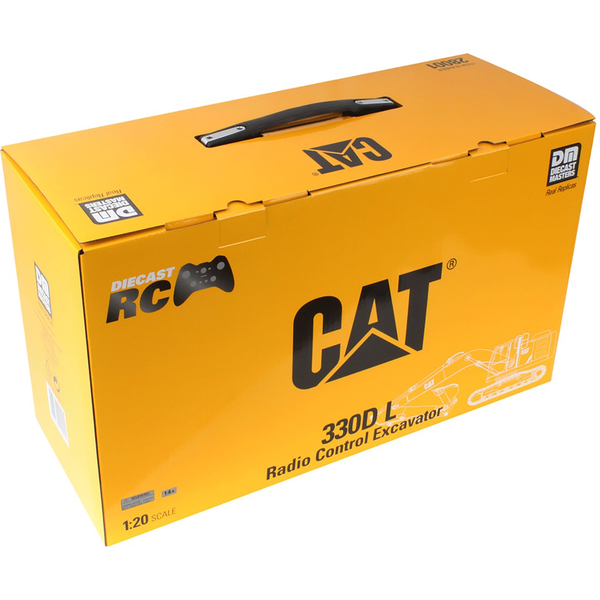 CAT 330D L Radio Control Excavator 1:20 scale diecast RC car in its original yellow and black retail box, featuring a carrying handle on top.