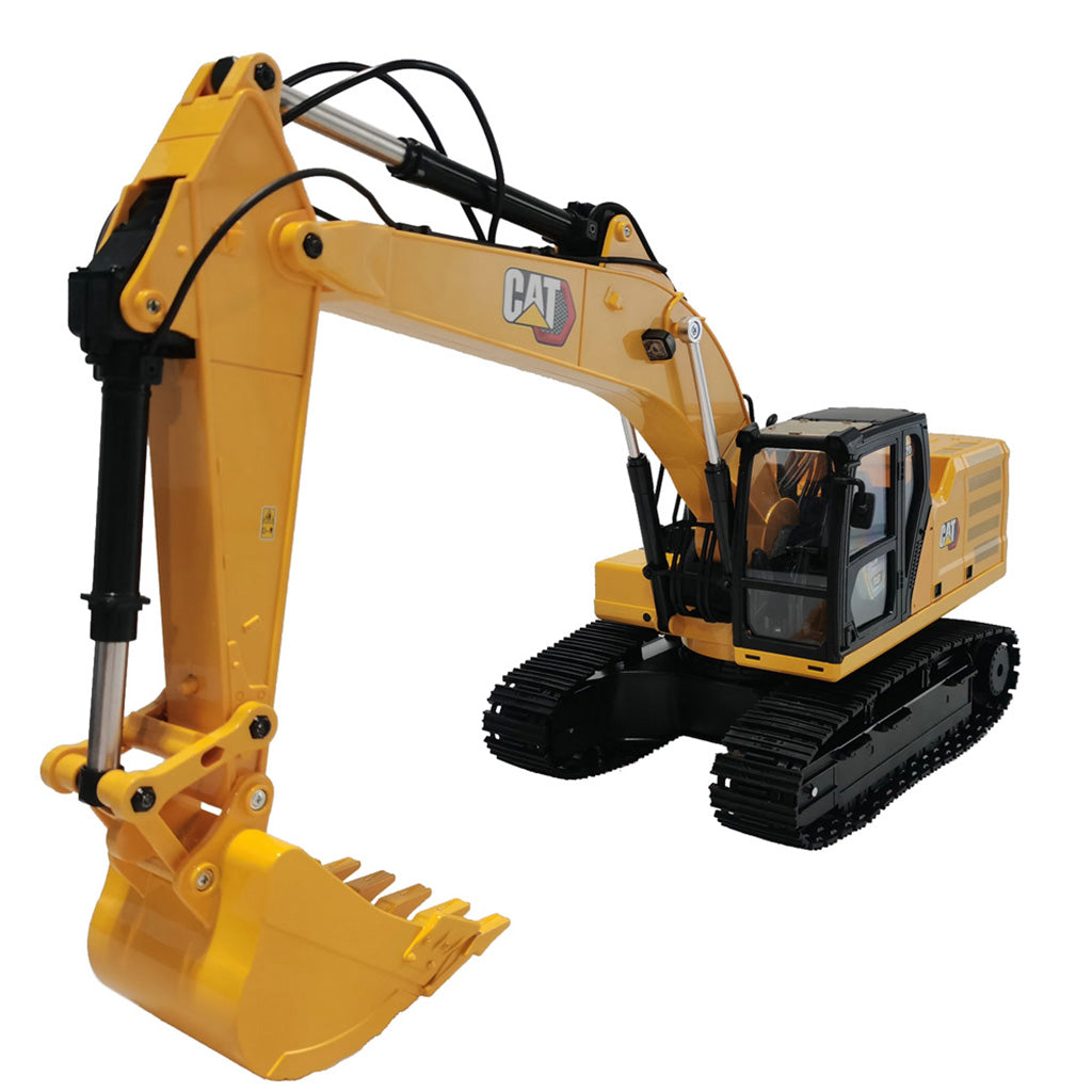 A yellow and black Remote Controlled CAT excavator toy shown on a plain white background, with the CAT logo visible on the arm.