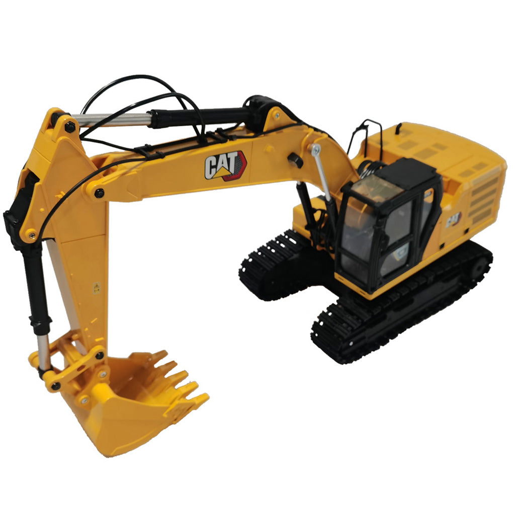A yellow and black Remote Controlled CAT excavator toy shown on a plain white background, with the CAT logo visible on the arm.