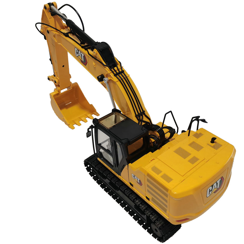 A yellow and black Remote Controlled CAT excavator toy shown on a plain white background, with the CAT logo visible on the arm.