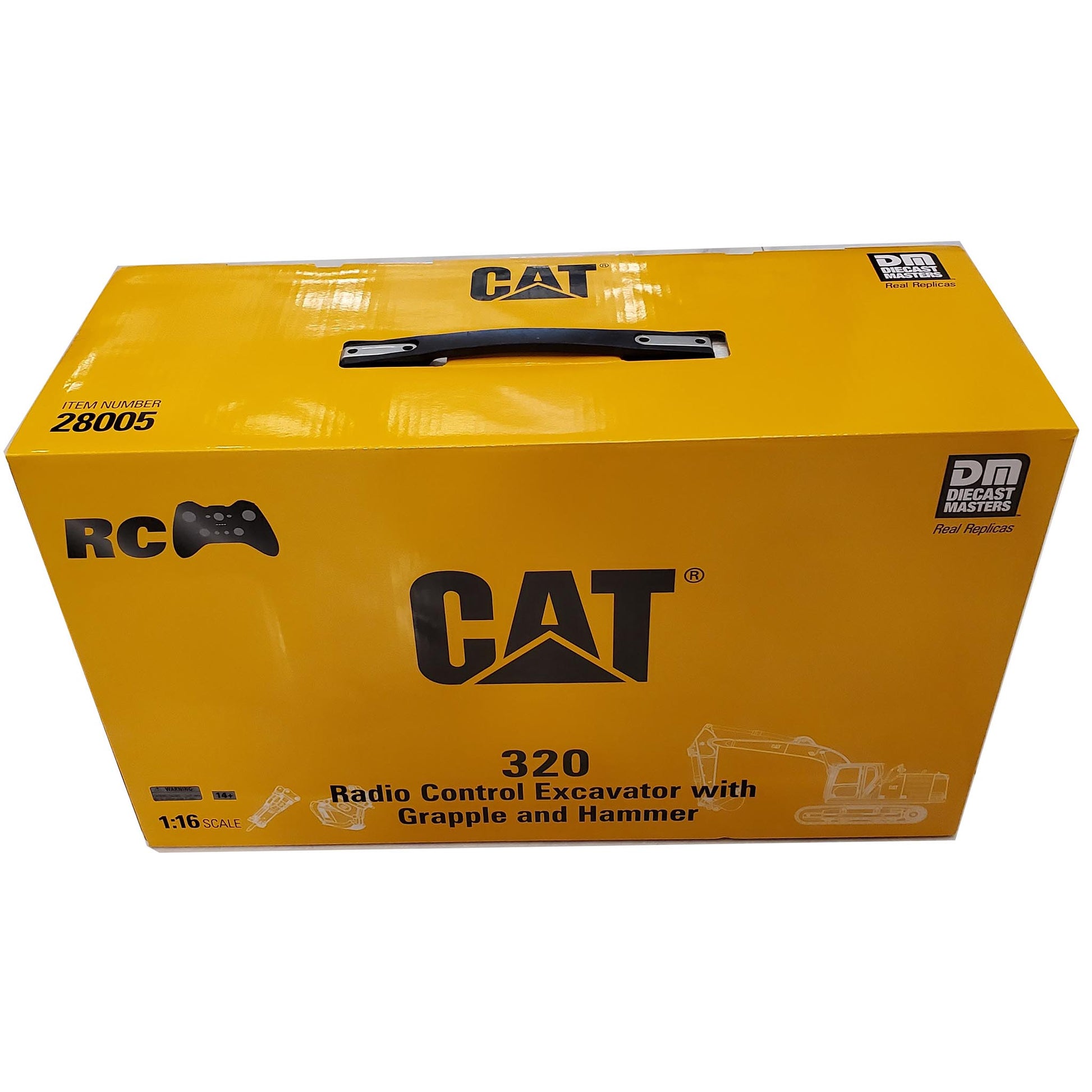 CAT 320 Radio Control Excavator with Grapple and Hammer 1:16 RC model in its original yellow packaging, featuring the CAT logo and a black carrying handle on top.