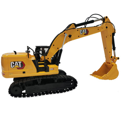 A yellow and black Remote Controlled CAT excavator toy shown on a plain white background, with the CAT logo visible on the arm.