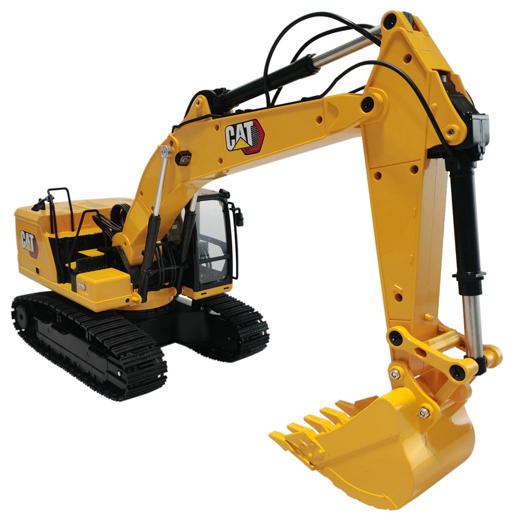 A yellow and black Remote Controlled CAT excavator toy shown on a plain white background, with the CAT logo visible on the arm.