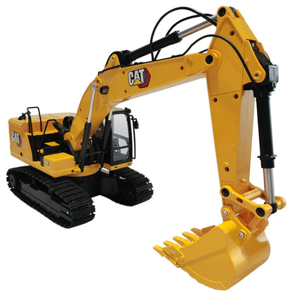 A yellow and black Remote Controlled CAT excavator toy shown on a plain white background, with the CAT logo visible on the arm.