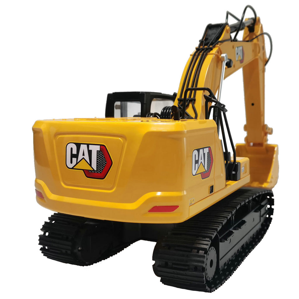 A yellow and black Remote Controlled CAT excavator toy shown on a plain white background, with the CAT logo visible on the arm.
