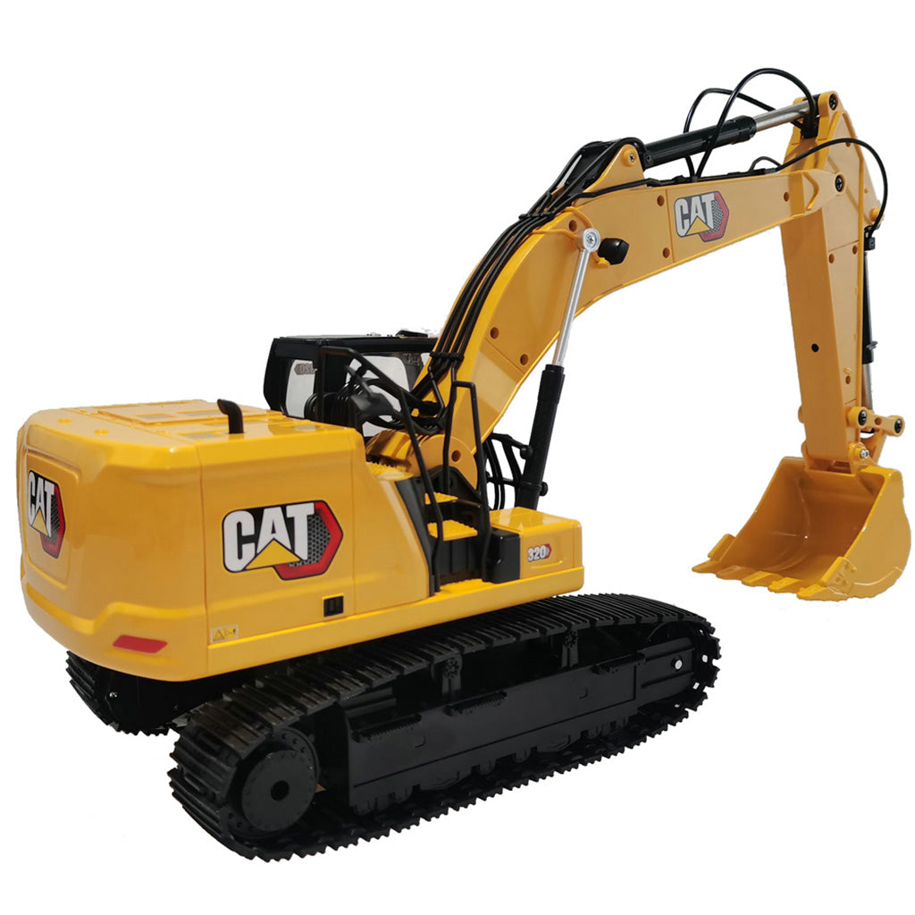 A yellow and black Remote Controlled CAT excavator toy shown on a plain white background, with the CAT logo visible on the arm.