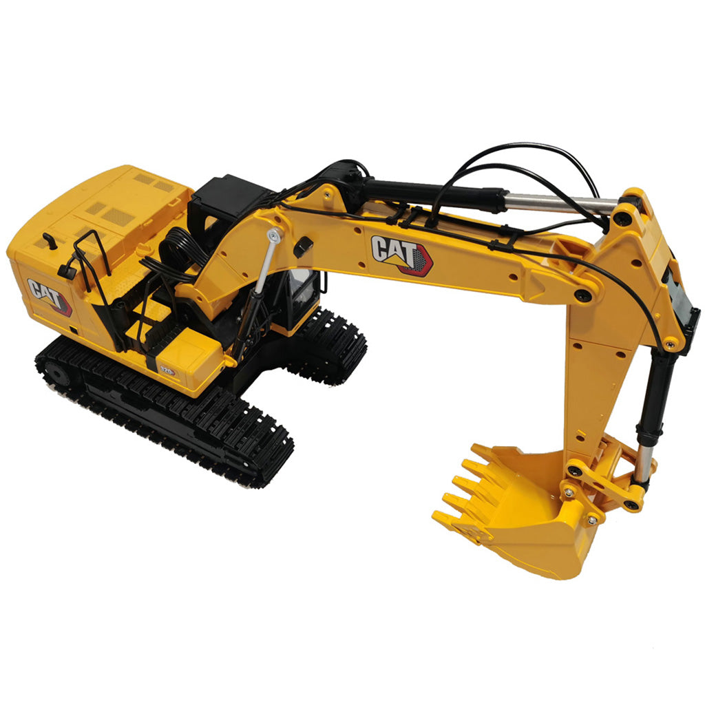 A yellow and black Remote Controlled CAT excavator toy shown on a plain white background, with the CAT logo visible on the arm.