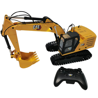 A yellow and black Remote Controlled CAT excavator toy with controller shown on a plain white background, with the CAT logo visible on the arm.