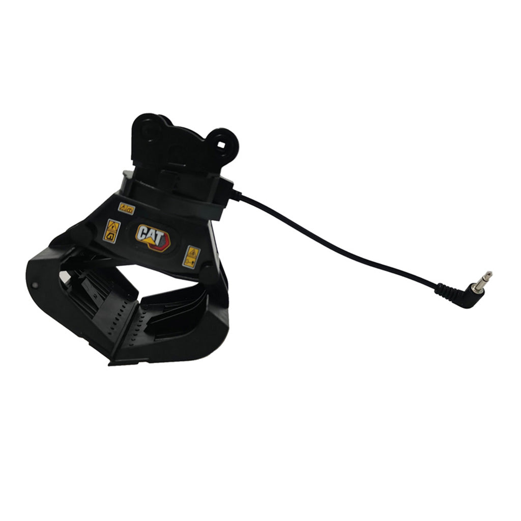 A black CAT electric grapple attachment with a power cable and plug, shown on a plain white background.