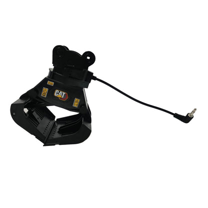 A black CAT electric grapple attachment with a power cable and plug, shown on a plain white background.