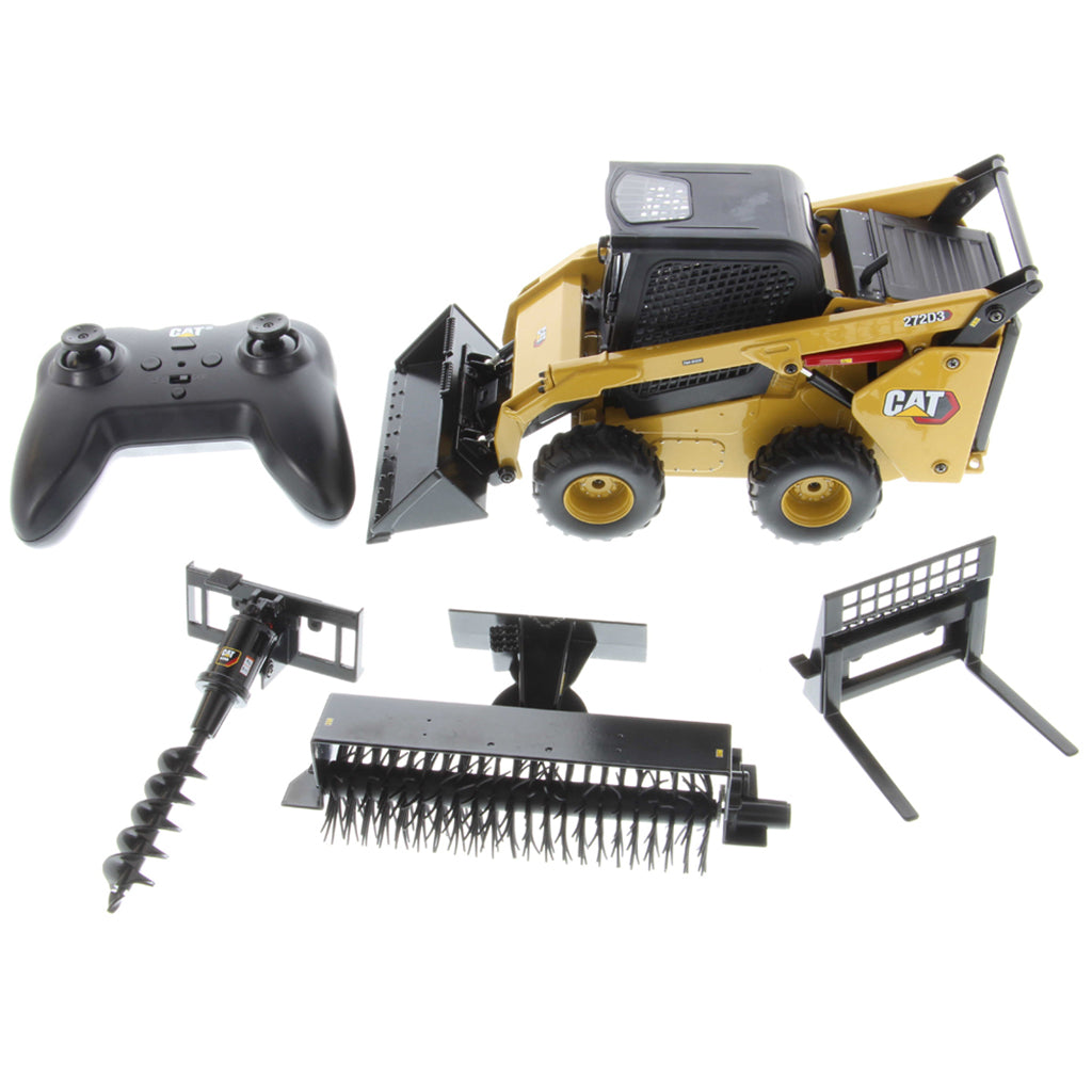 A yellow CAT remote-controlled toy skid steer loader set with a black remote controller, black auger attachment, brush cutter attachment, and a small black frame attachment, all displayed on a clean white background.