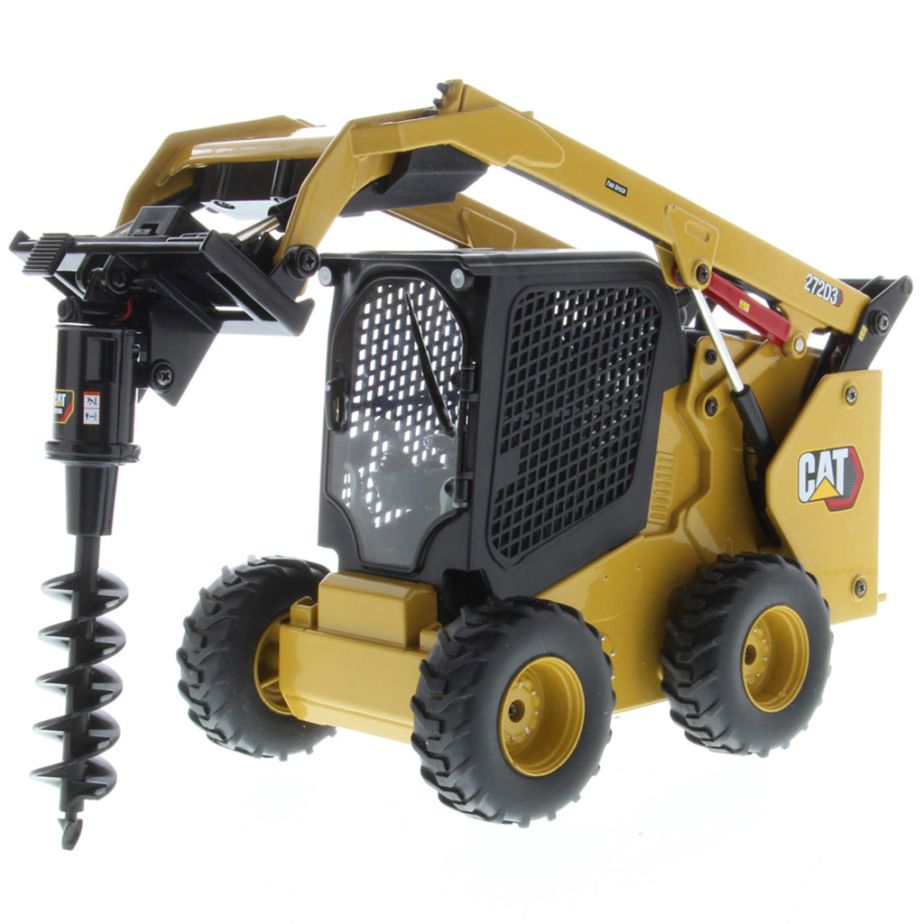 Radio Controlled Model of a CAT Yellow and Black Caterpillar 272D3 Skid Steer Loader with a Post Hole Auger on a White Background
