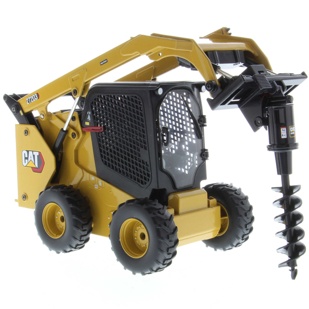 Radio Controlled Model of a CAT Yellow and Black Caterpillar 272D3 Skid Steer Loader with a Post Hole Auger on a White Background