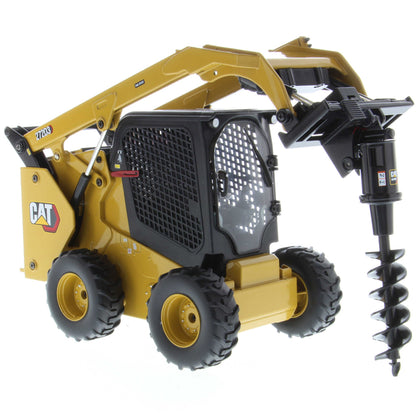 Radio Controlled Model of a CAT Yellow and Black Caterpillar 272D3 Skid Steer Loader with a Post Hole Auger on a White Background