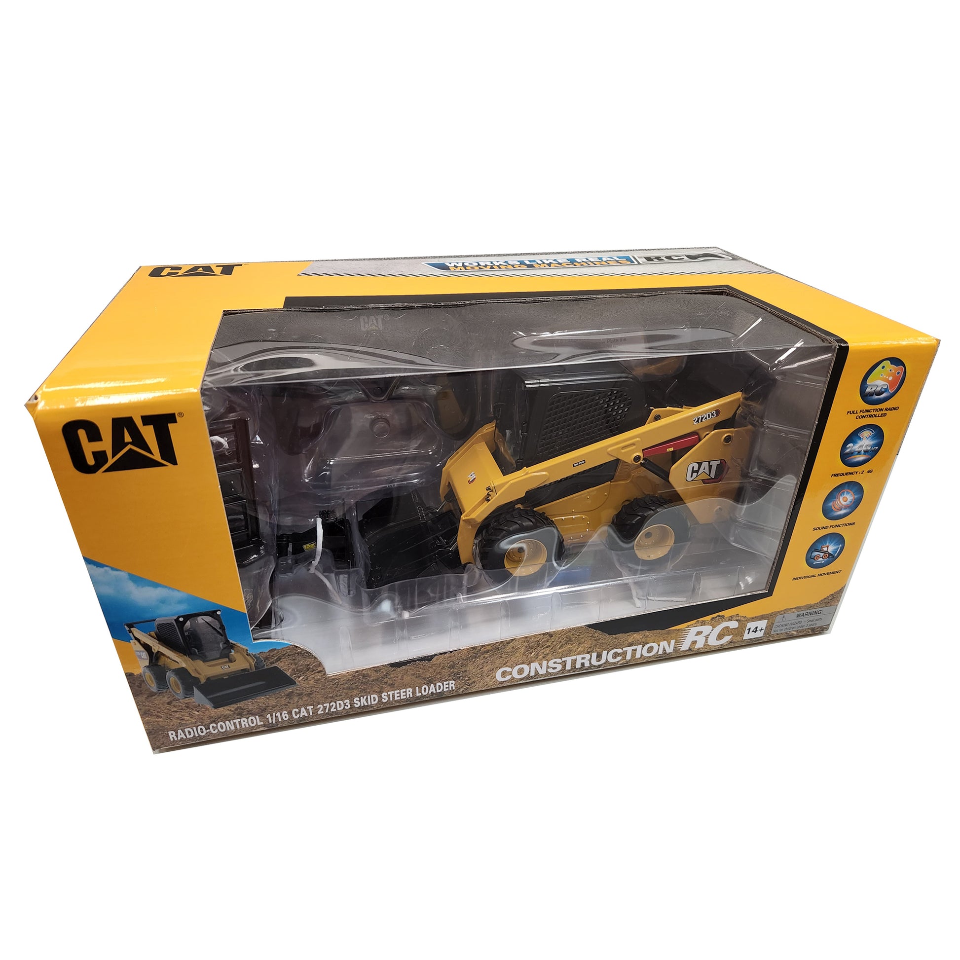 CAT brand construction radio-controlled toy dump truck in its original yellow and black retail packaging, shown on a white background.