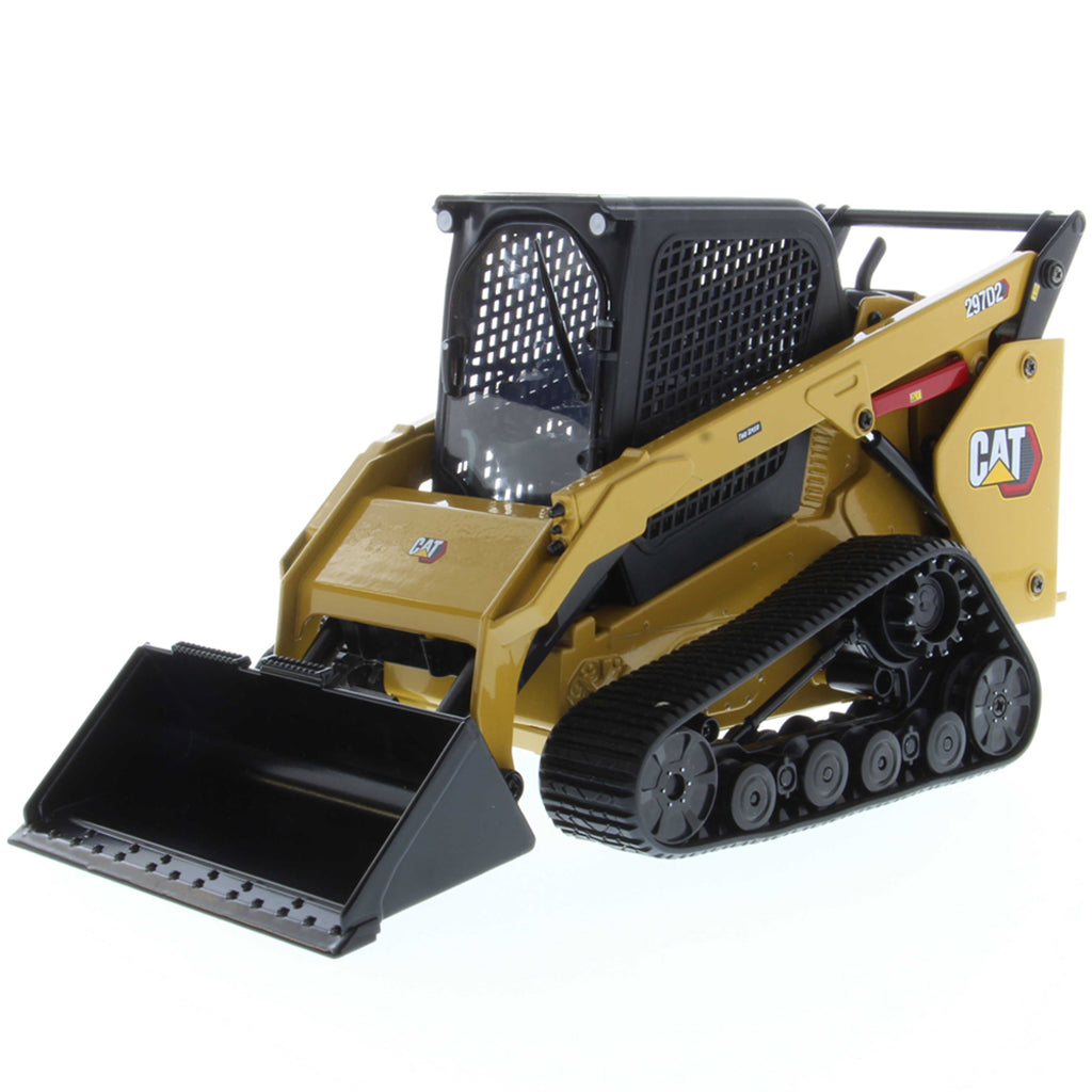 Radio Controlled Model of a CAT Yellow and Black Caterpillar 2972D2 Compact Track Loader with Standard Bucket on a White Background