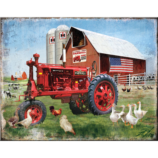 Vintage-style farm scene with red tractor, barn, silos, and animals.