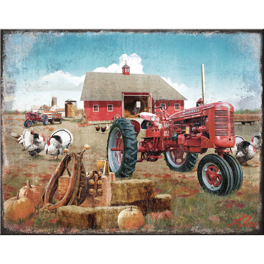 Vintage-style painting of a red tractor on a farm with barn, chickens, and pumpkins.