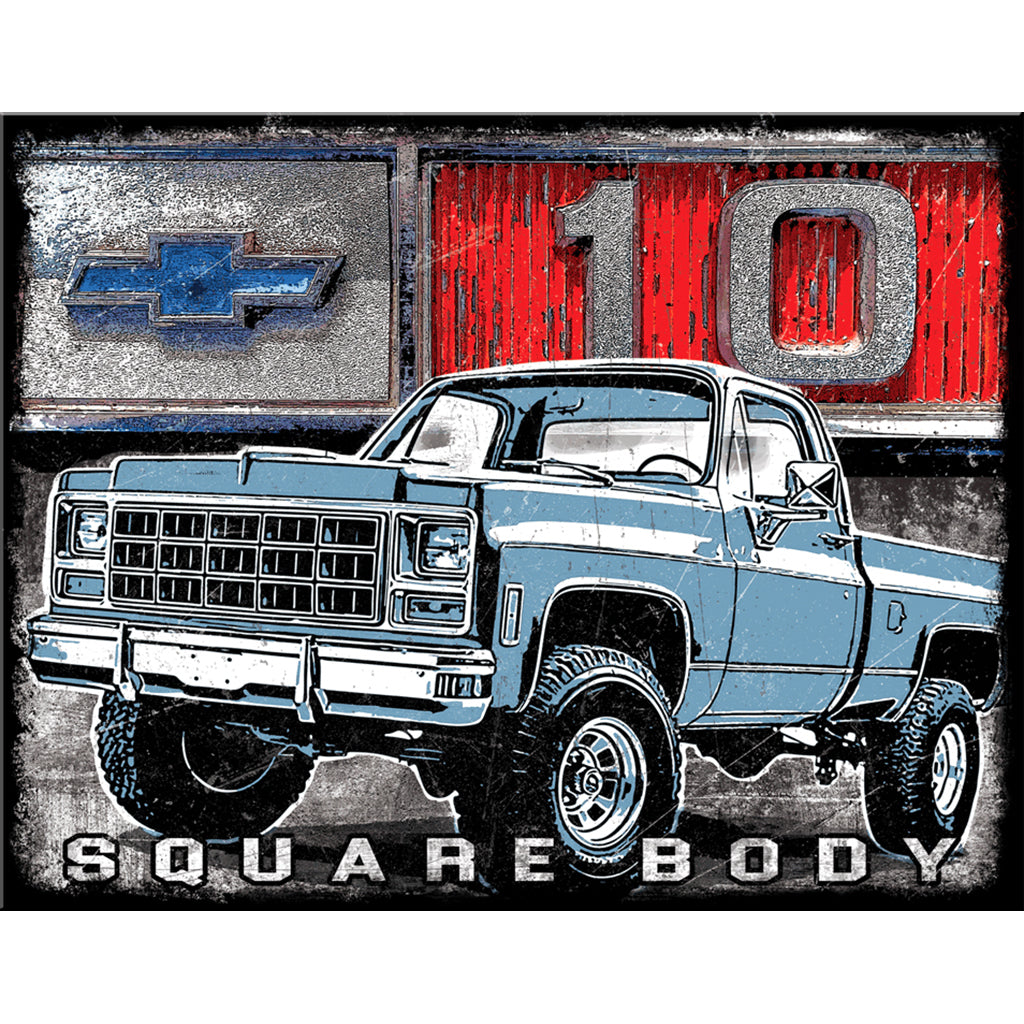 Vintage-style illustration of a Chevrolet truck with '10 Square Body' text and Chevrolet logo.