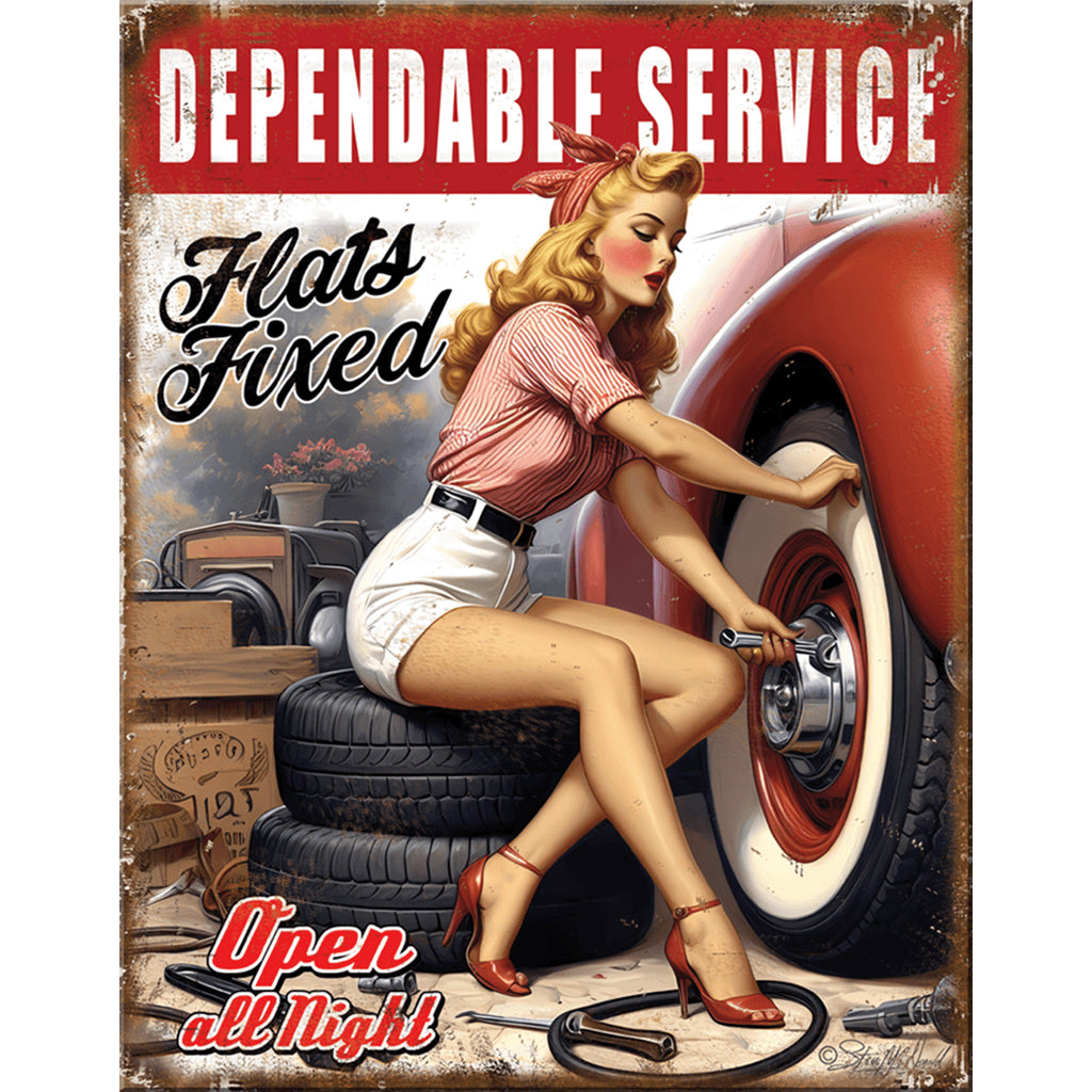 Vintage-style sign with a woman fixing a car tire, featuring text 'Dependable Service Flats Fixed Open all Night'.