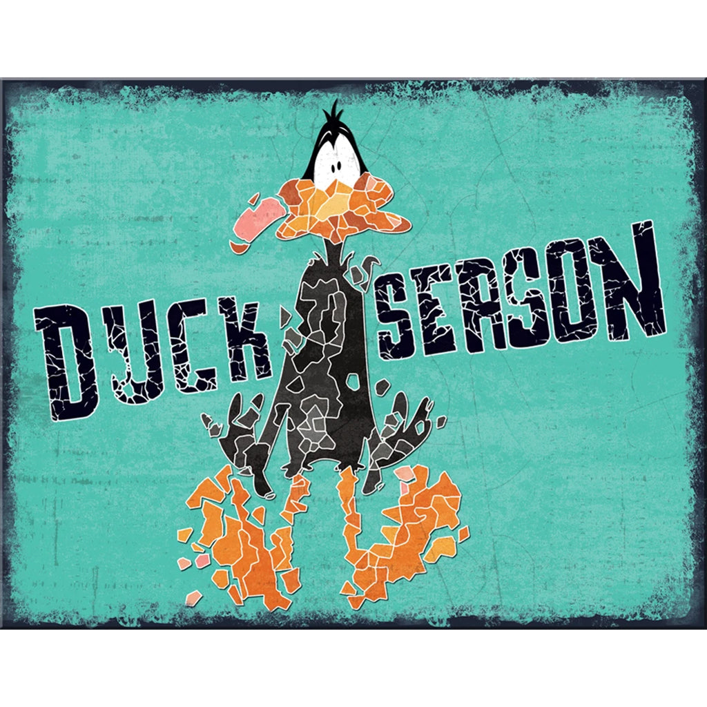 Tin Sign with a Shattered Look of Daffy Duck with Text Saying Duck Season