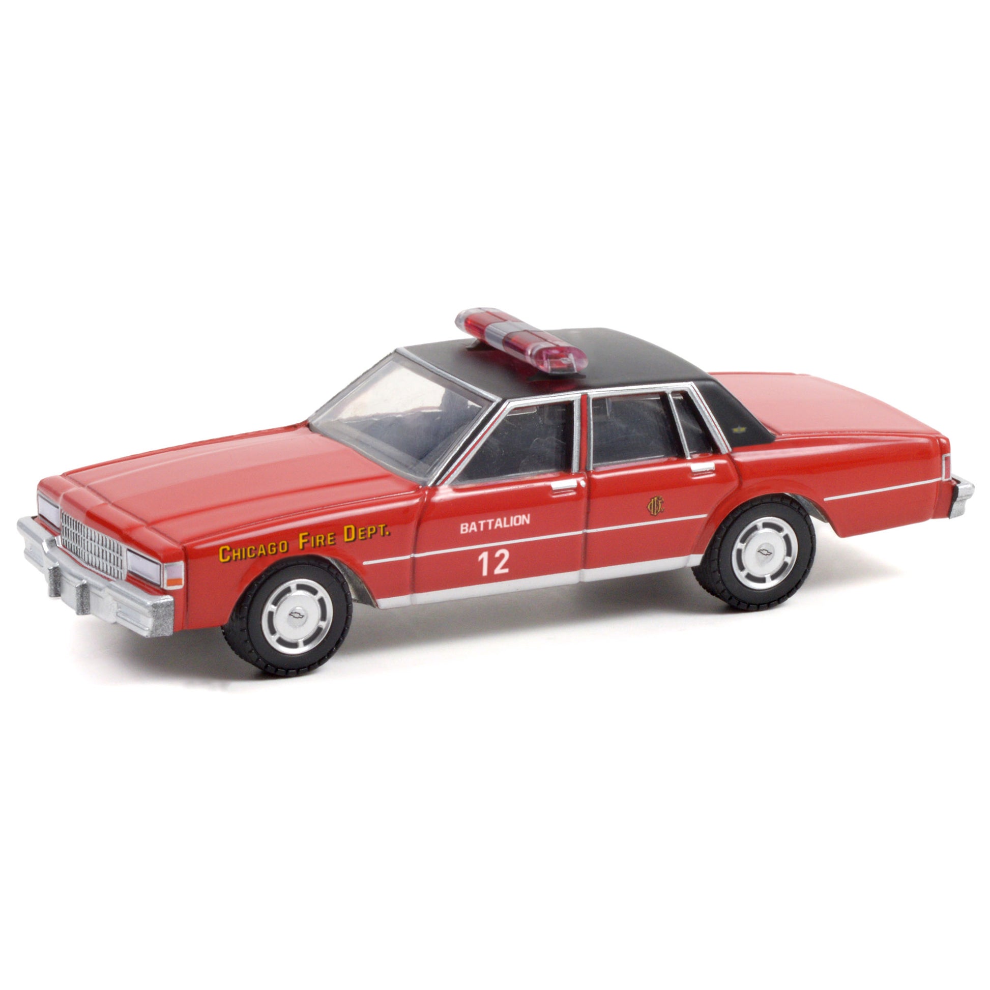 Model of a red Chicago Fire Department vehicle on a white background