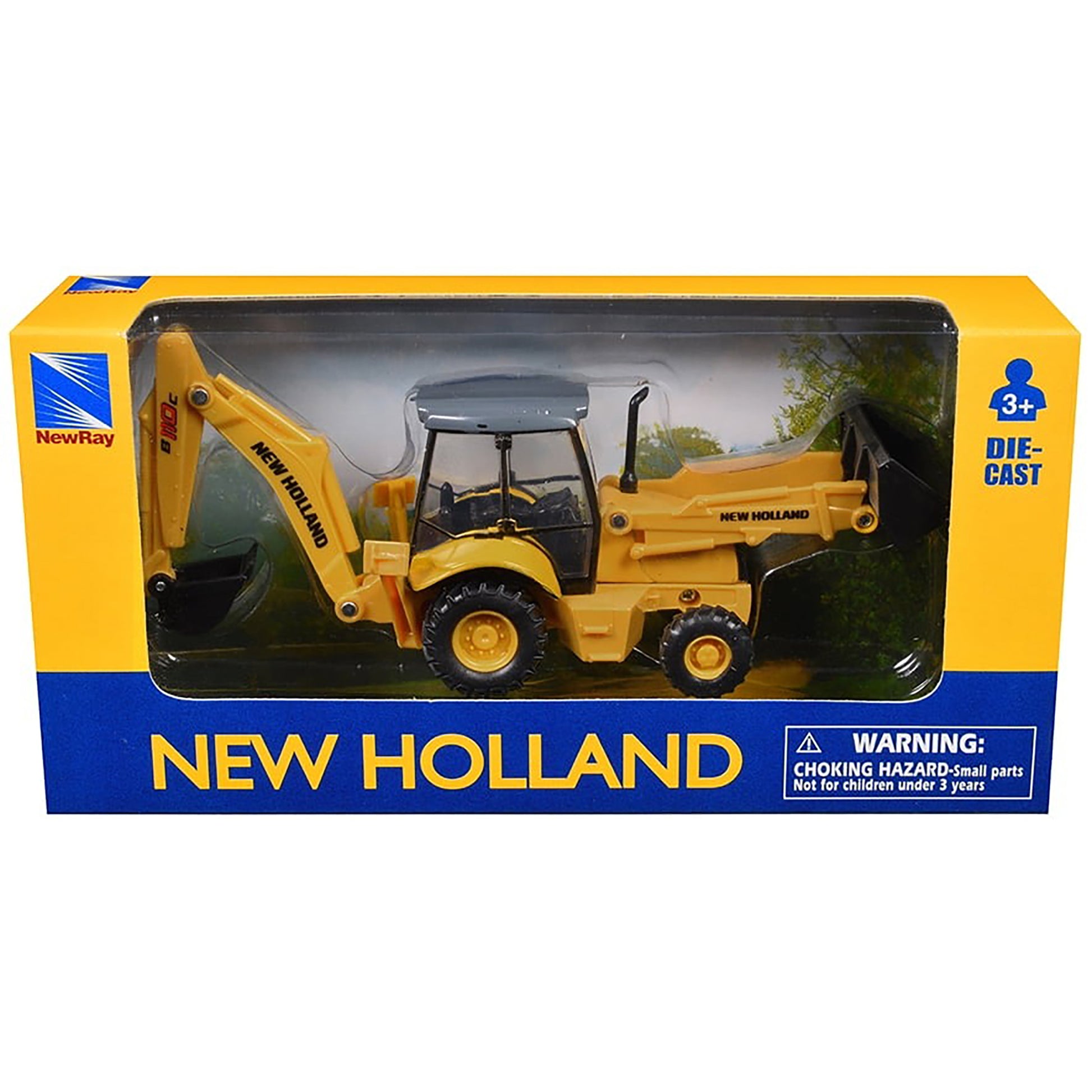 New Holland die-cast toy backhoe in packaging on a white background