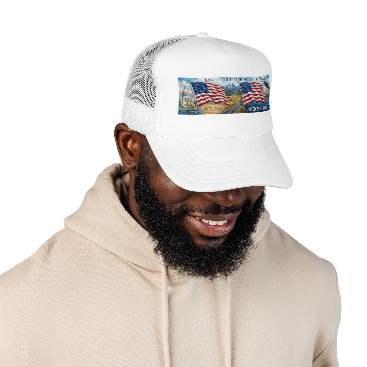 Patriotic American Flag Foam Trucker Hat — "Land of the Free, Home of the Brave"