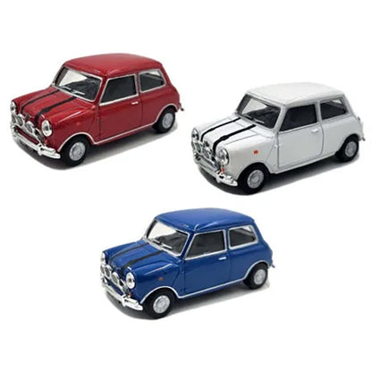 Three miniature die-cast toy cars resembling classic Mini Cooper models, shown in red, white, and blue on a plain white background.