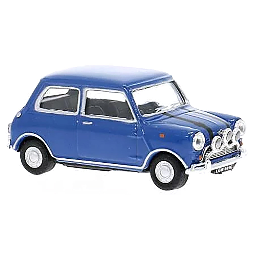 A blue diecast model car of a classic Mini Cooper, featuring black racing stripes on the hood, chrome details, and a white license plate reading 'LUF 810', shown against a plain white background.