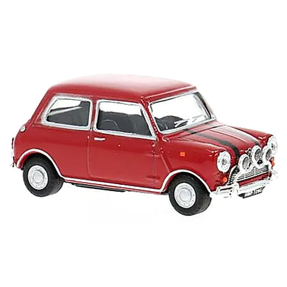 A red diecast model car resembling a classic Mini Cooper, featuring black racing stripes on the hood, chrome details, and a front license plate reading 'MADISON', shown against a plain white background.