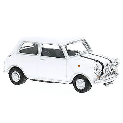 A white diecast model car with black racing stripes on the hood, shown from a three-quarters front angle against a plain white background.