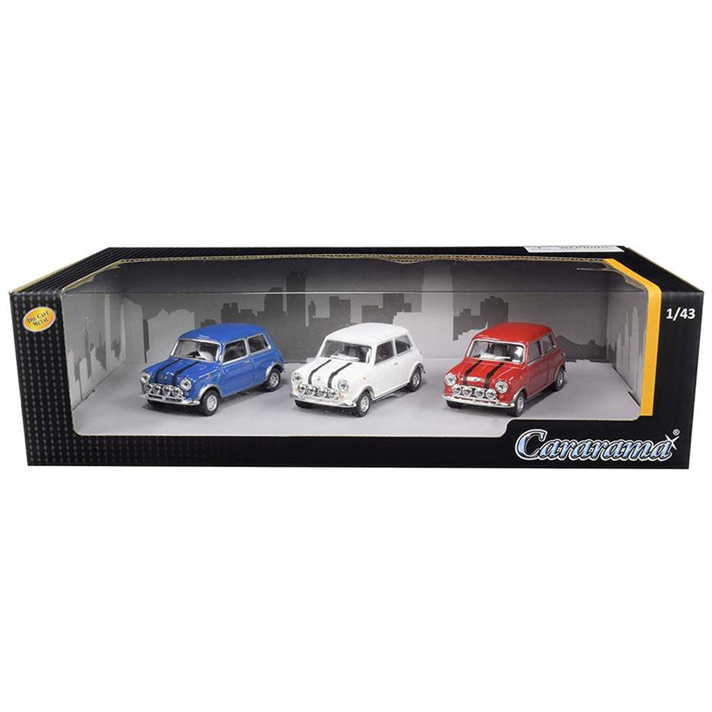 A 1/43 scale model car set of three Mini Coopers in blue, white, and red, presented inside a black windowed display box with the brand name 'Caramudi' visible on the front.