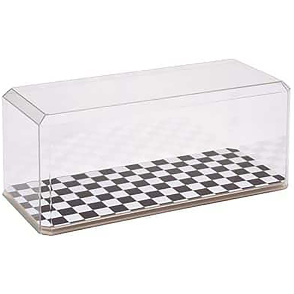 Clear display case with a black and white checkered base on a white background