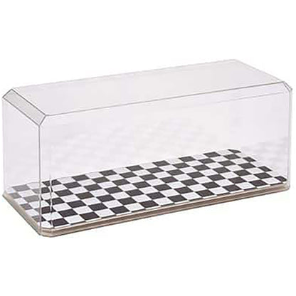 Clear display case with a black and white checkered base on a white background