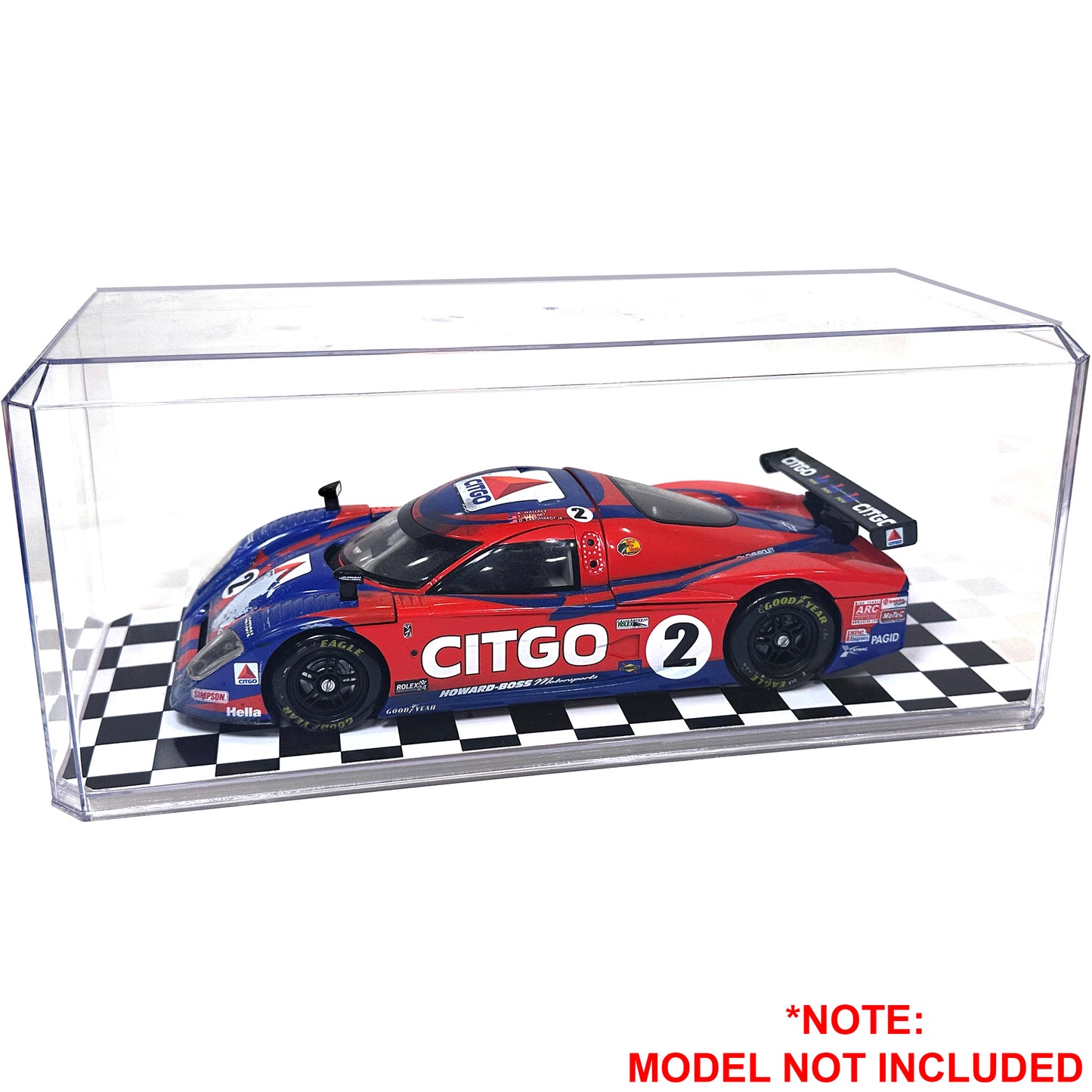 Clear acrylic car display case with a model car on a checkered platform, featuring 'Citgo' branding.