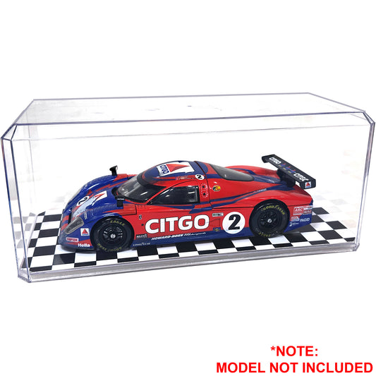 Clear acrylic car display case with a model car on a checkered platform, featuring 'Citgo' branding.