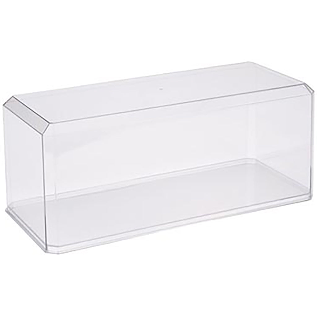 Clear plastic display case with a shelf on a white background
