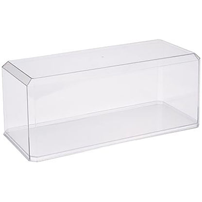Clear plastic display case with a shelf on a white background