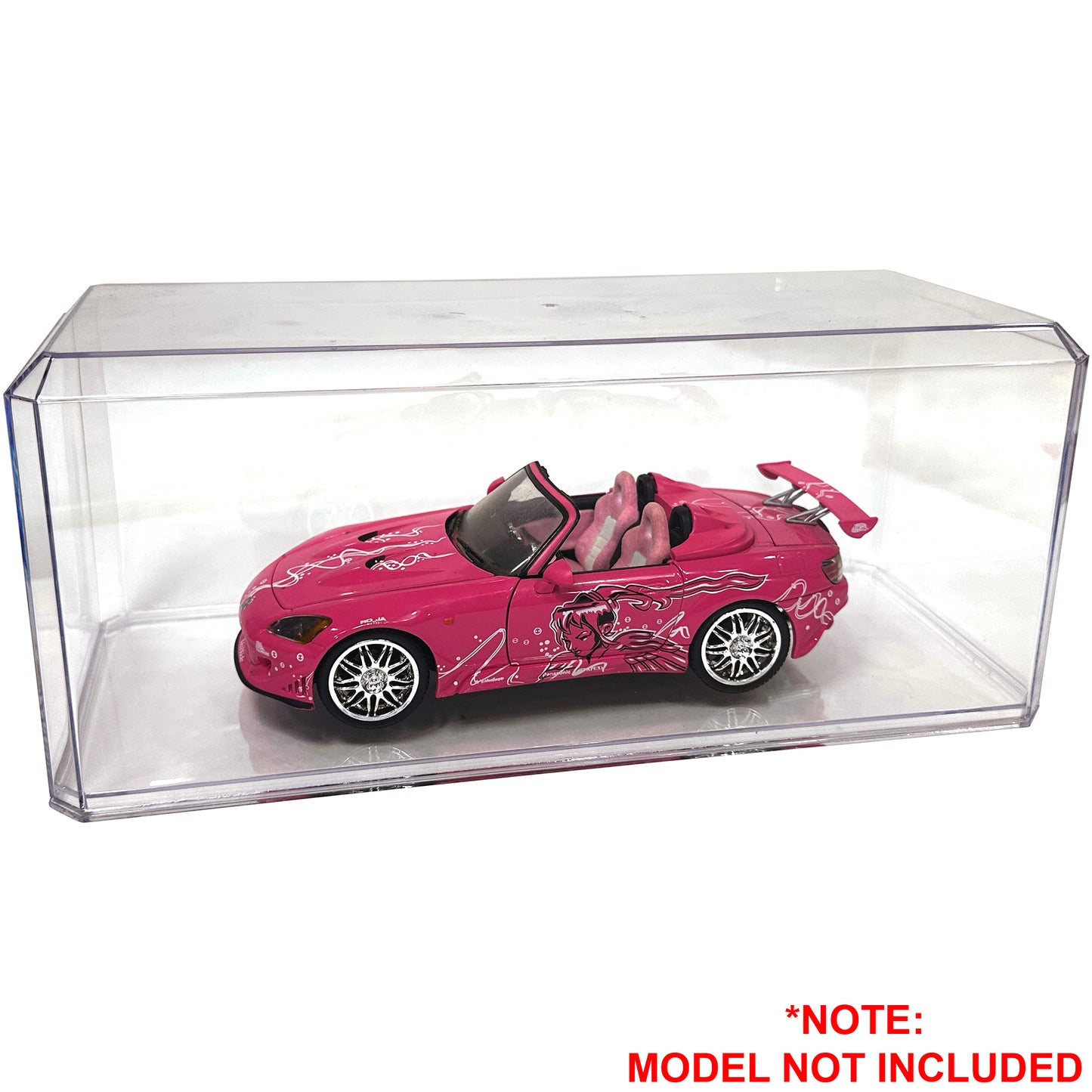Clear display case with a pink model car inside, model not included.