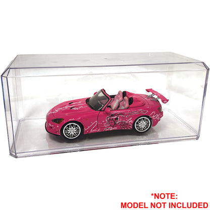 Clear display case with a pink model car inside, model not included.
