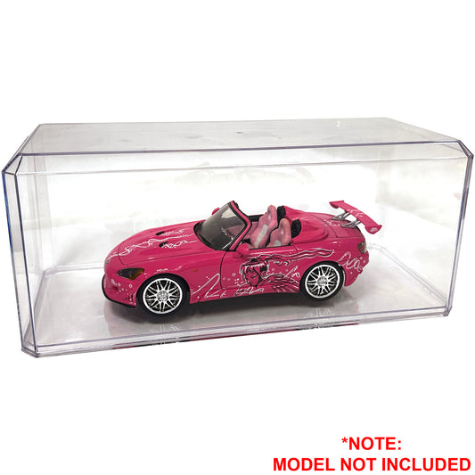 Clear display case with a pink model car inside, model not included.