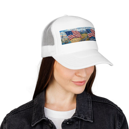 Patriotic American Flag Foam Trucker Hat — "Land of the Free, Home of the Brave"