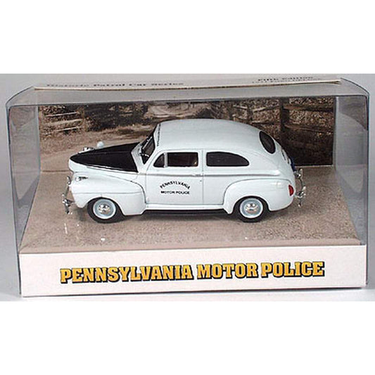 Model of a Pennsylvania Motor Police car in a clear display case.