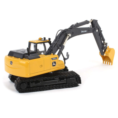 Toy excavator with John Deere logo on a white background
