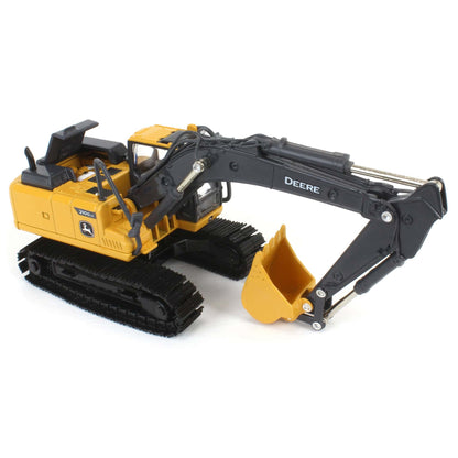 Toy excavator with 'Deere' branding on a white background
