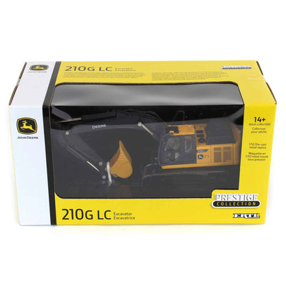 John Deere 210G LC excavator toy in packaging on a white background